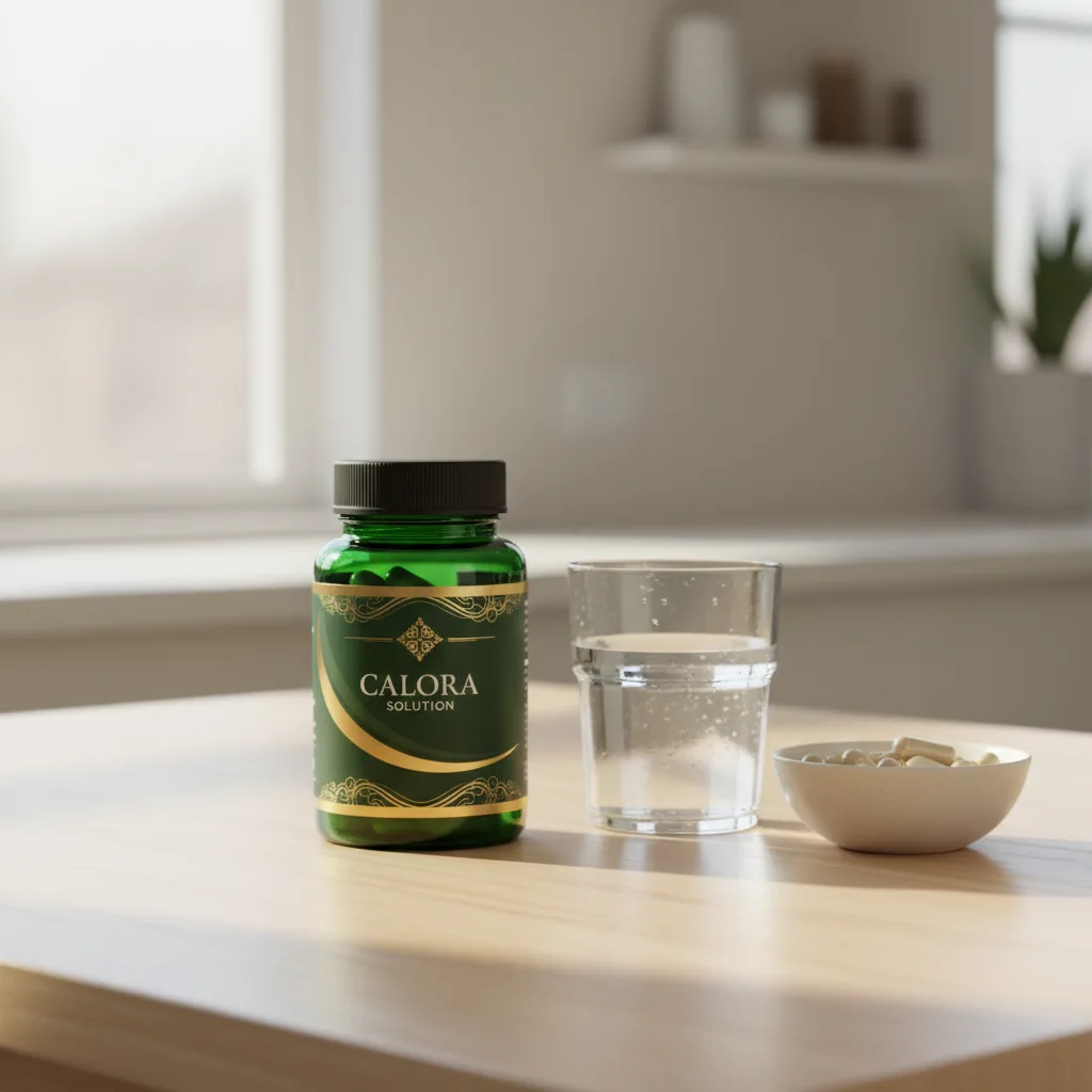 Calora Solution donkergroene glazen pot op een keukentafel naast een glas water en amandelen